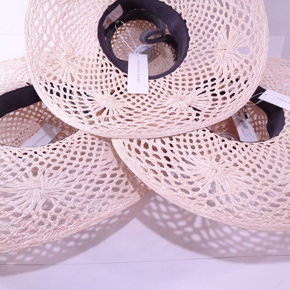 Veronica Beard Meringue Raffia Straw Wide Brim Sun Hat Natural S M NWT 298 - Picture 15 of 15